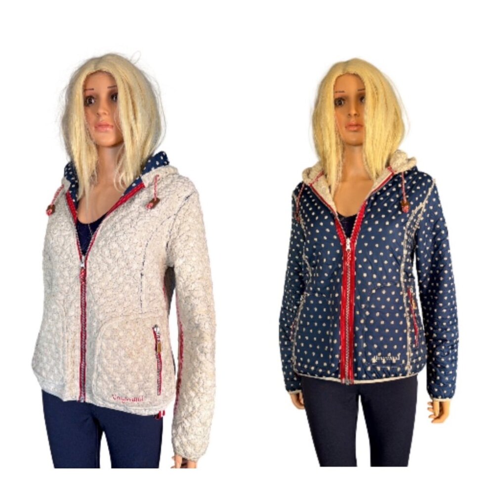 Almgwand Reversible Jacket Navy Polkadot/ Beige fleece S/M HTF